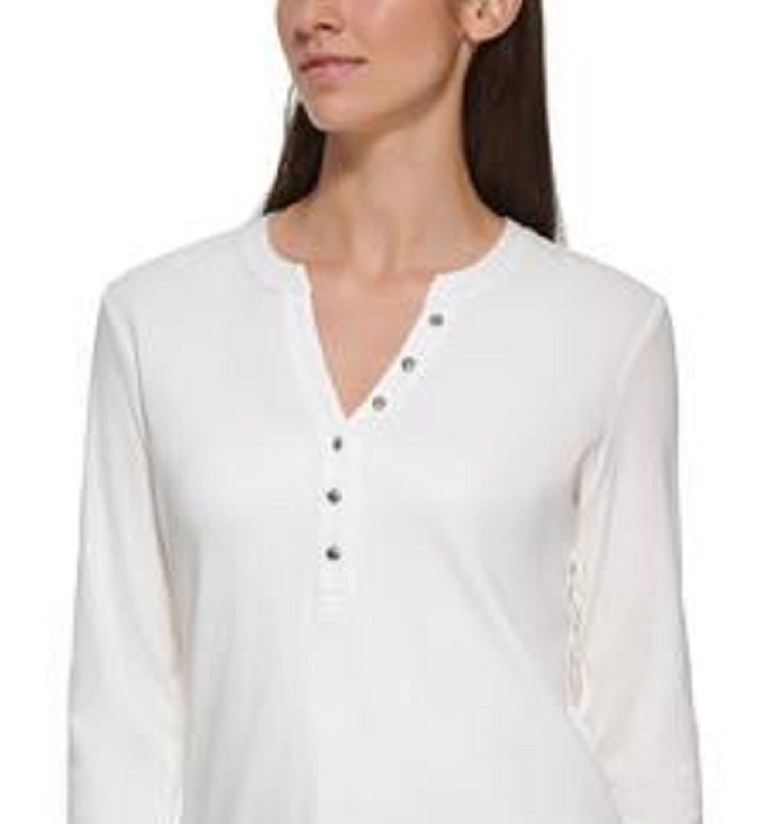 Calvin Klein Women's 3/4 Sleeve Button Front Henley Top White Size Small