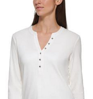 Calvin Klein Women's 3/4 Sleeve Button Front Henley Top White Size Small