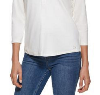 Calvin Klein Women's 3/4 Sleeve Button Front Henley Top White Size Small