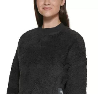 Calvin Klein Women's Faux Sherpa Cropped Pullover Top Black Size X-Large