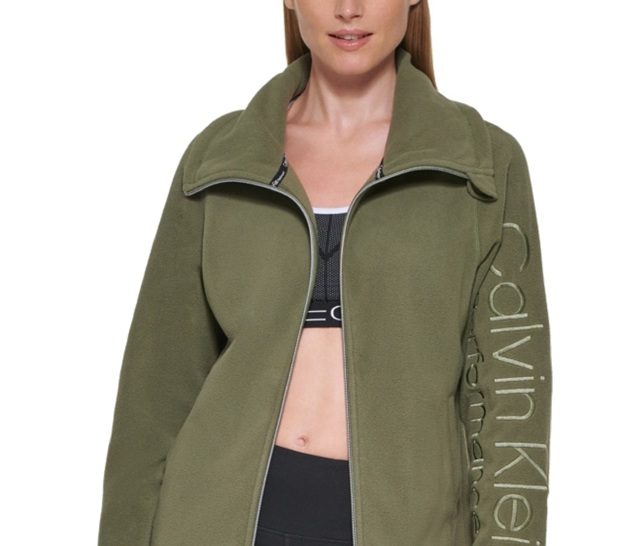 Calvin Klein Women's Mock Neck Fleece Jacket Green Size Medium