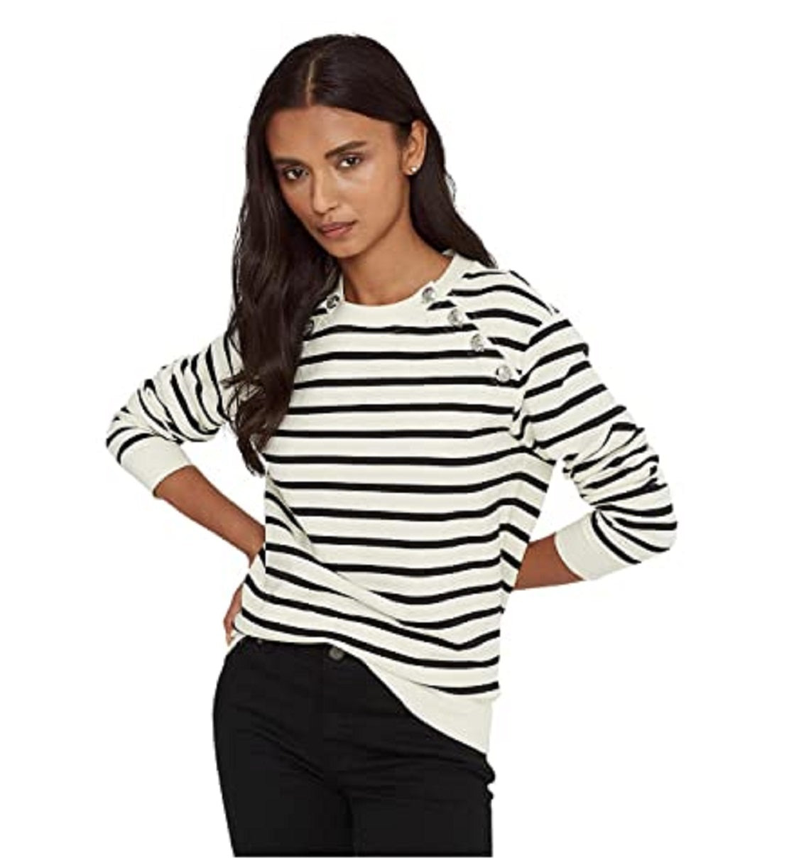 Ralph Lauren Women's Button Trim Striped Sweatshirt Black Size X-Large