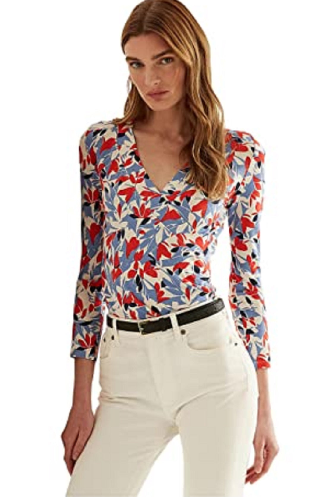 Ralph Lauren Women's Stretch Fitted Printed Long Sleeve Surplice Neckline Top Blue Size Medium