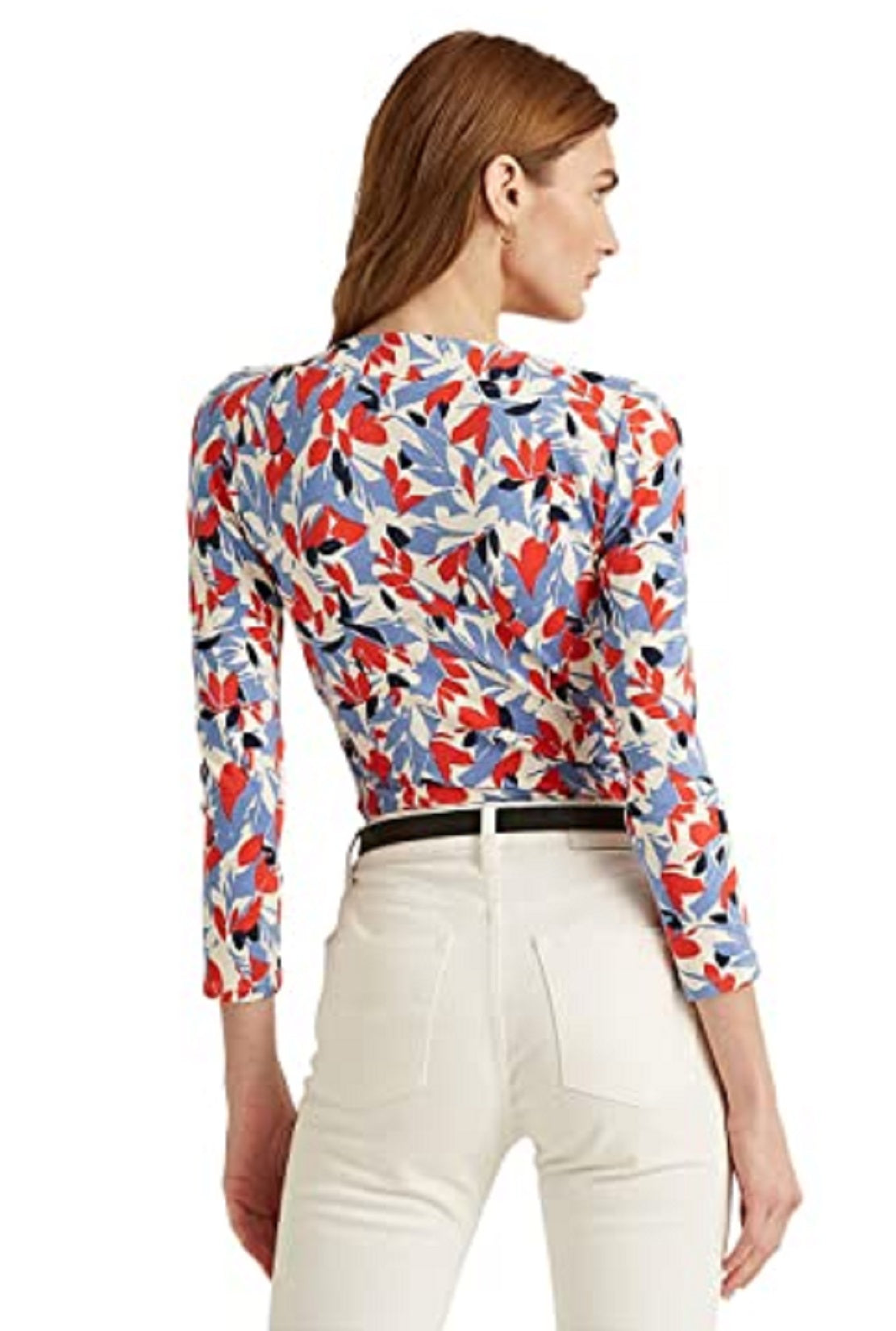 Ralph Lauren Women's Stretch Fitted Printed Long Sleeve Surplice Neckline Top Blue Size Medium