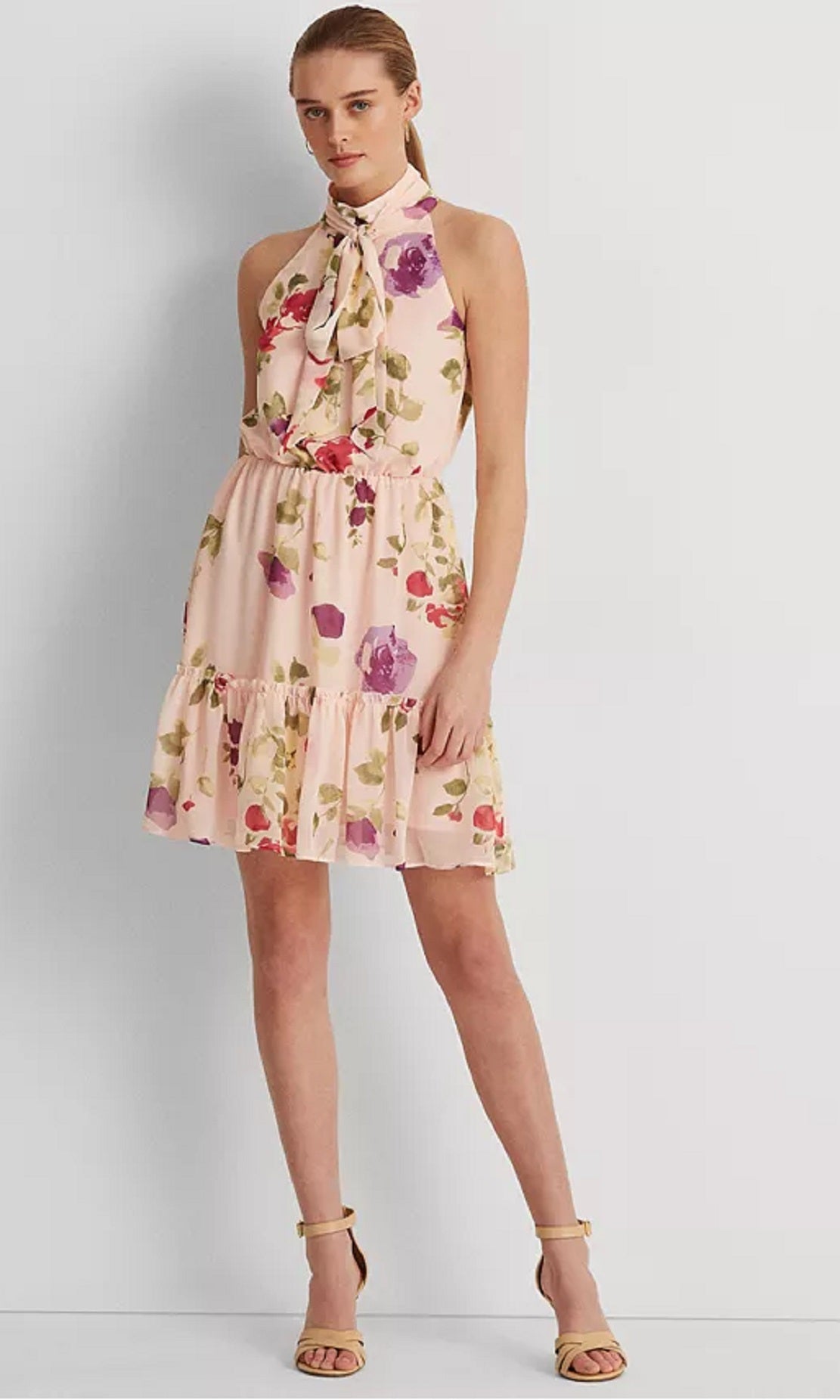 Ralph Lauren Women's Floral Chiffon Sleeveless Dress Pink Size 10