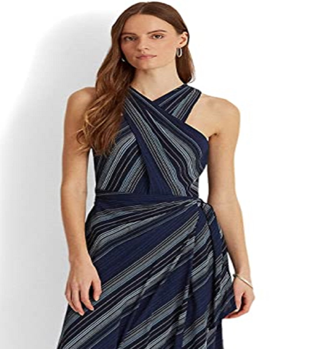 Ralph Lauren Women's Striped Crinkle Georgette Halter Dress Blue Size 4