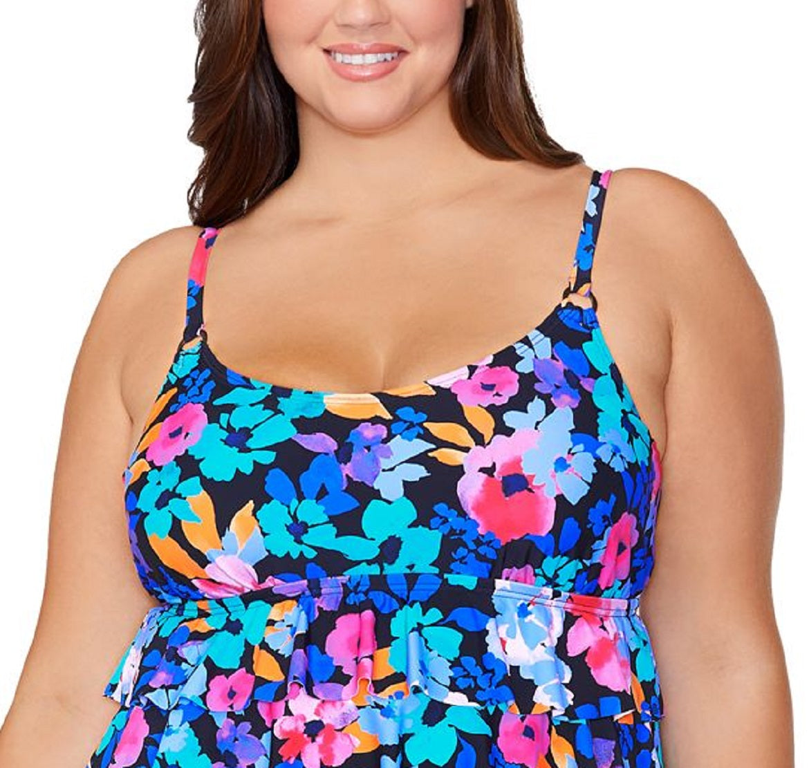 Island Escape Women's Plus Floral Print Tiered Underwire Tankini Top Swimsuit Black Size 16W