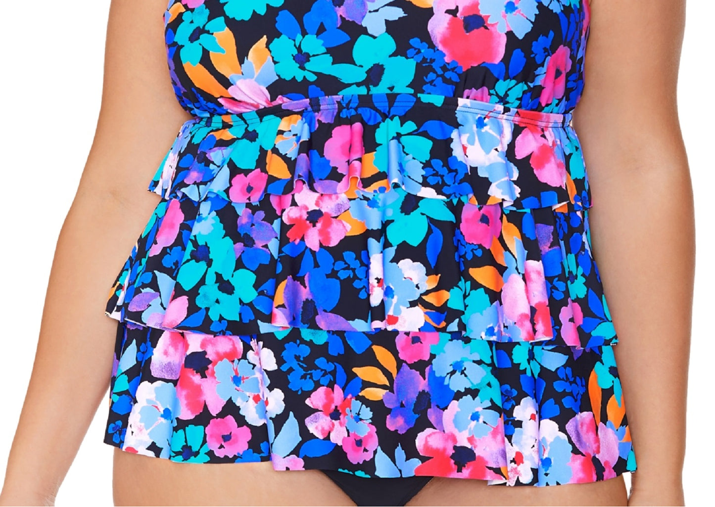 Island Escape Women's Floral Print Tiered Underwire Tankini Top Swimsuit Black