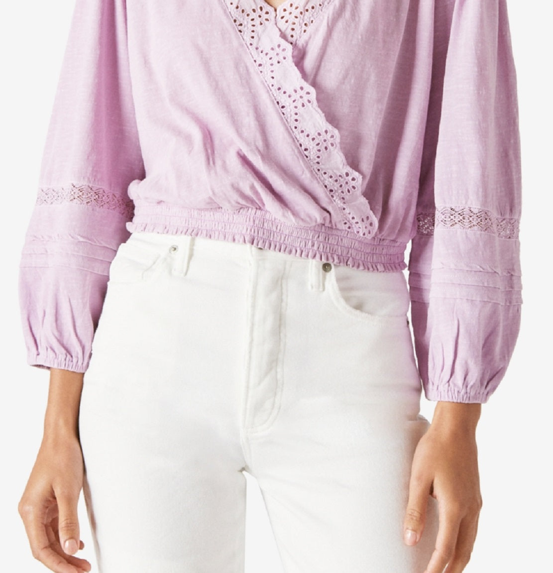 Lucky Brand Women's Eyelet Faux Wrap Cotton Top Purple Size X-Small