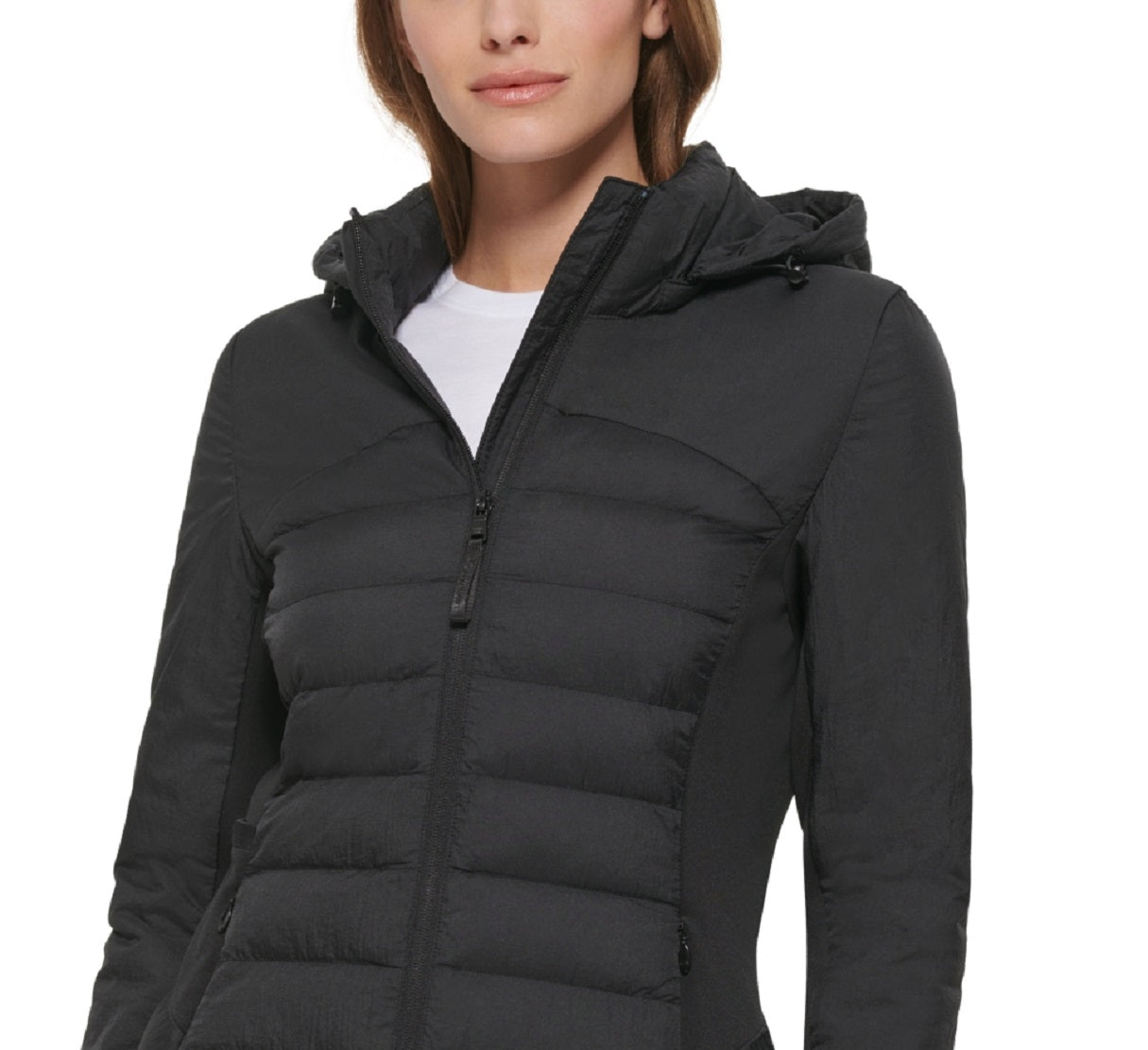 Calvin Klein Women's Hooded Mix Media Coat Black Size X-Large