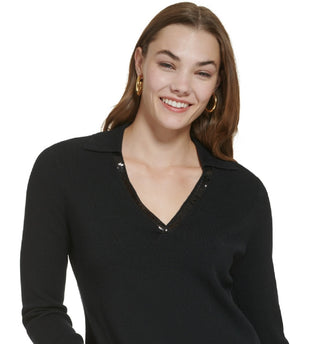 Calvin Klein Women's Sequin Trim V Neck Sweater Black Size Medium