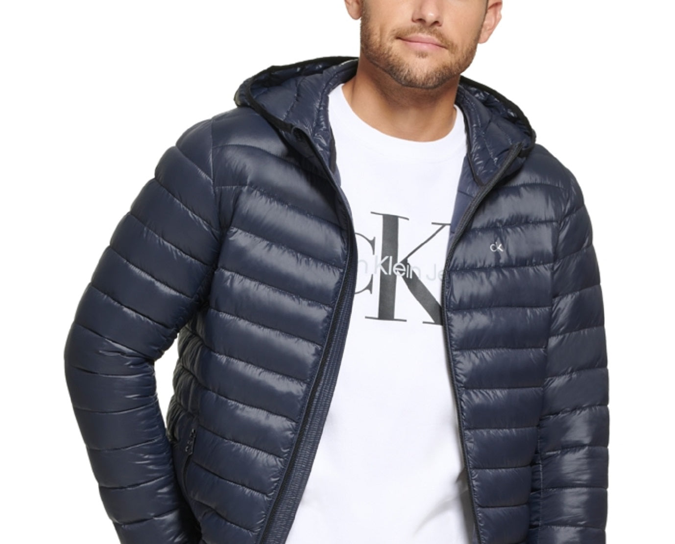 Calvin Klein Men's Hooded & Quilted Packable Jacket Blue Size Medium
