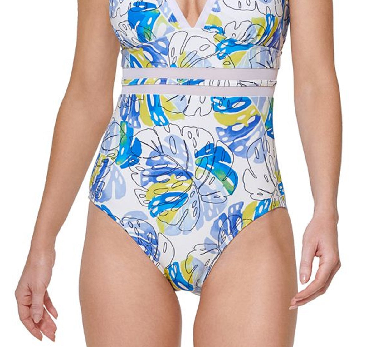 Tommy Hilfiger Women's Printed Mesh Inset Plunge One Piece Swimsuit White