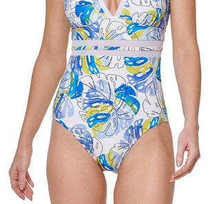 Tommy Hilfiger Women's Printed Mesh Inset Plunge One Piece Swimsuit White