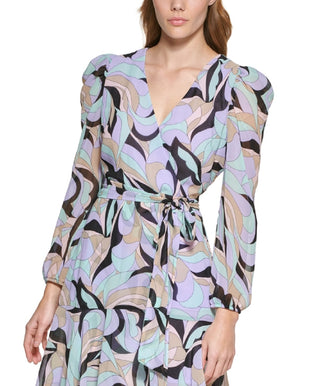 Calvin Klein Women's Printed Puff Shoulder Midi Wrap Dress Black Size 8