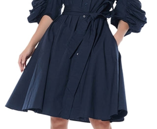 Gracia Women's Cotton Ruched Sleeve Shirt Dress Blue Size Small