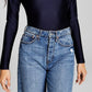 And Now This Women's Shiny Twisted Long Sleeve Thong Bodysuit Blue Size Small
