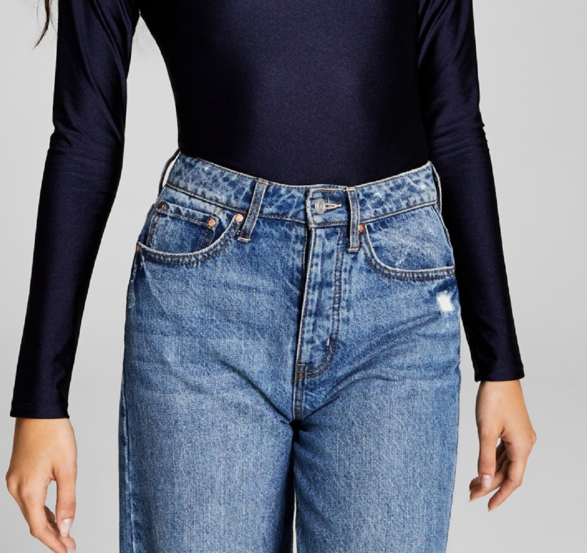 And Now This Women's Shiny Twisted Long Sleeve Thong Bodysuit Blue Size Small