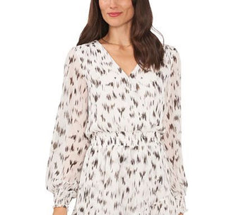 Vince Camuto Women's Printed Surplice Ruffled Dress White Size Medium