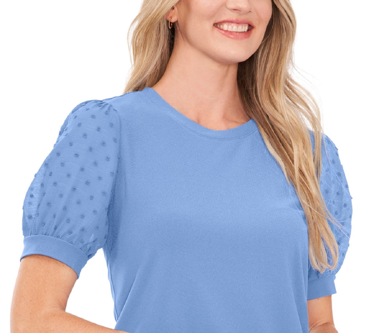 CeCe Women's Puff Sleeve Mixed Media Top Blue Size Medium