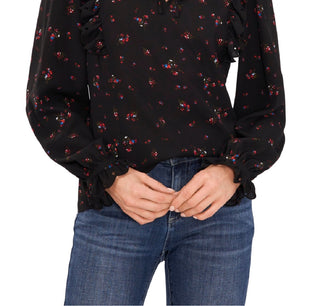 CeCe Women's Floral Ruffle Split Neck Blouse Black Size Small