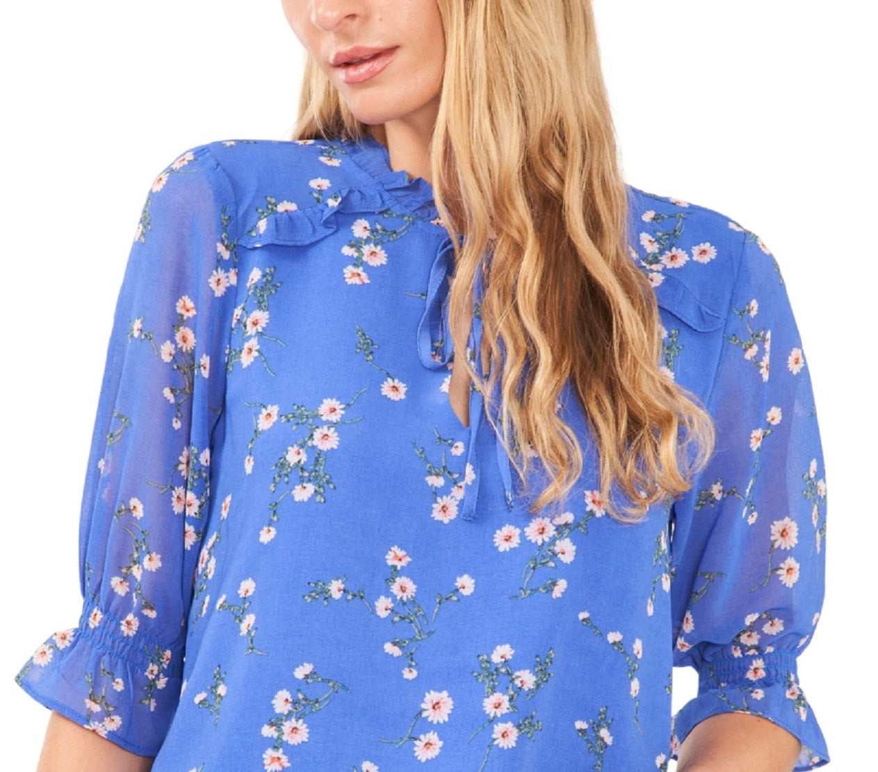 CeCe Women's Tie Neck Ruffle Blouse Blue Size Medium