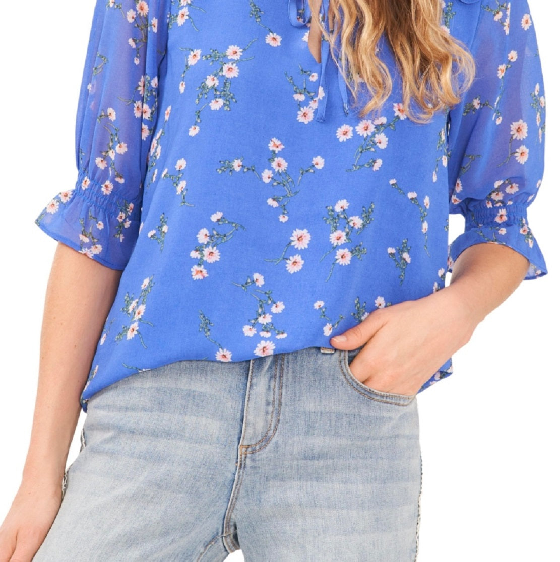 CeCe Women's Tie Neck Ruffle Blouse Blue Size Medium