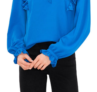 CeCe Women's Ruffle Neck Long Sleeve Blouse Blue Size Small