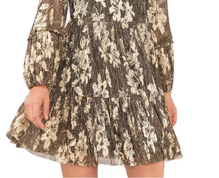 Vince Camuto Women's Floral Print Split Neck Ruffed Dress Gray Size Medium