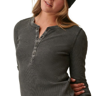 Bass Outdoor Women's Warm Button Front Waffle Knit Henley Top Green