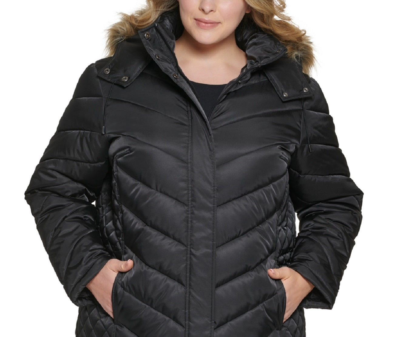 Kenneth Cole Women's Faux Fur Trim Hooded Puffer Coat Black Size 2X