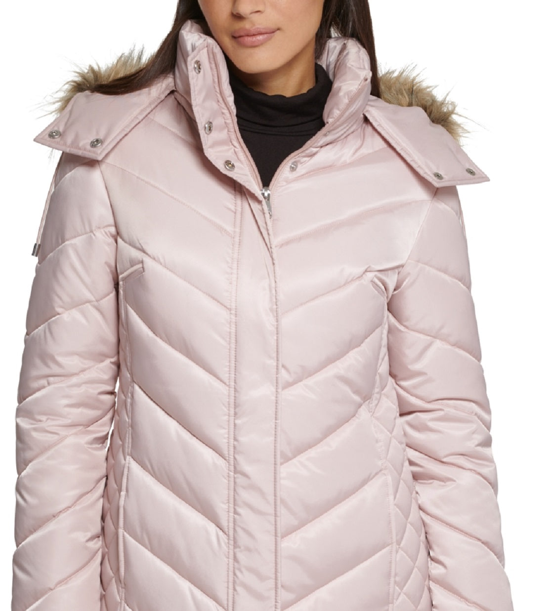Kenneth Cole Women's Faux Fur Trim Hooded Puffer Coat Pink Size Large
