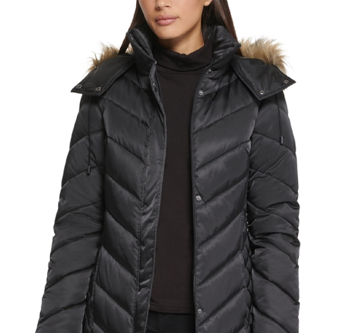 Kenneth Cole Women's Faux Fur Trim Hooded Puffer Coat Black Size Large