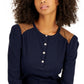 Tommy Hilfiger Women's Faux Suede Trim Henley Top Blue Size X-Small