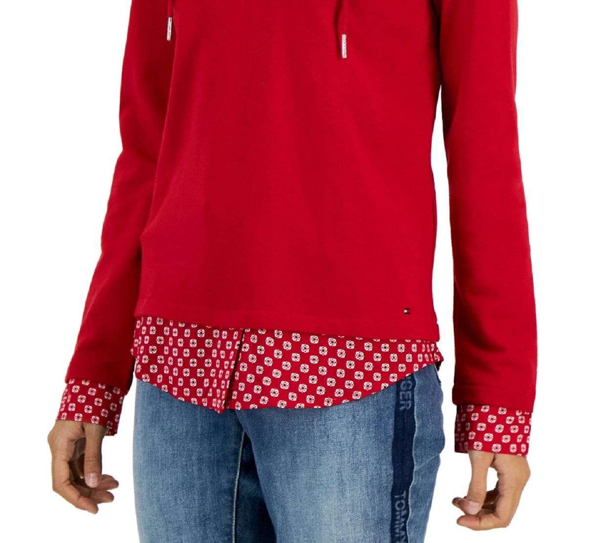 Tommy Hilfiger Women's Layered Look French Terry Hoodie Top Red Size Medium