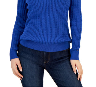 Tommy Hilfiger Women's Cotton Mock Turtleneck Cable Knit Sweater Blue Size Medium