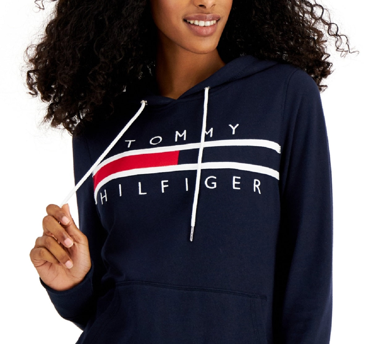 Tommy Hilfiger Women's Long Sleeve Front Pocket Logo Sweatshirt Blue Size Small