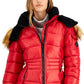 Steve Madden Junior's Faux Fur Trim Hooded Shine Puffer Coat Red Size Medium