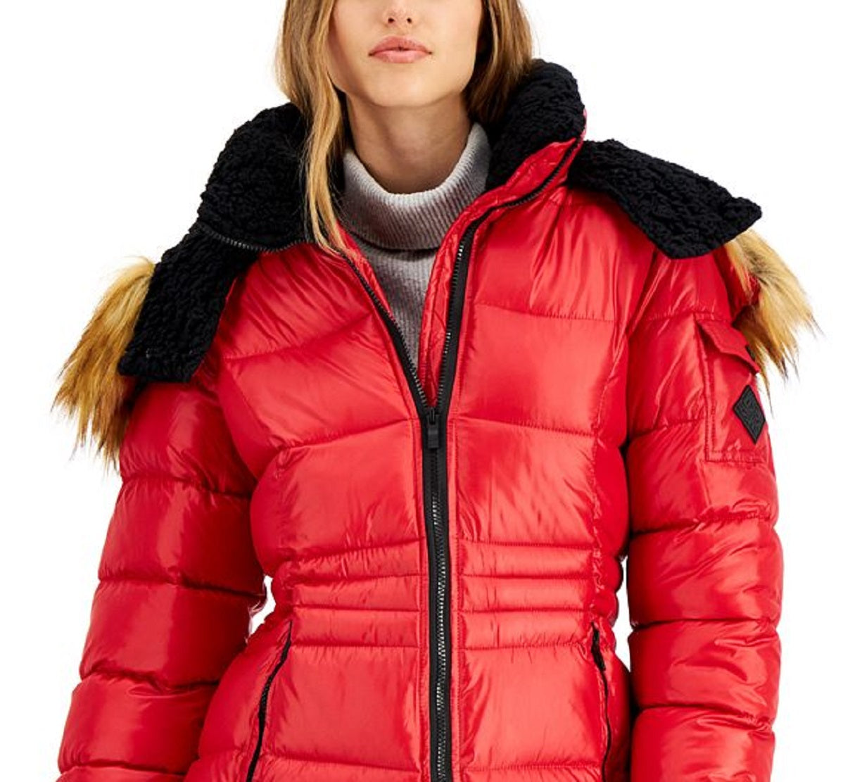 Steve Madden Junior's Faux Fur Trim Hooded Shine Puffer Coat Red Size Medium