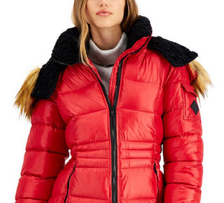 Steve Madden Junior's Faux Fur Trim Hooded Shine Puffer Coat Red Size Medium