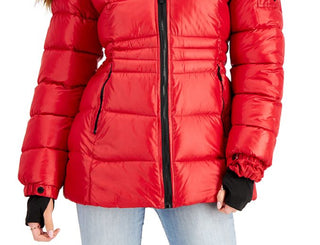 Steve Madden Junior's Faux Fur Trim Hooded Shine Puffer Coat Red Size Medium