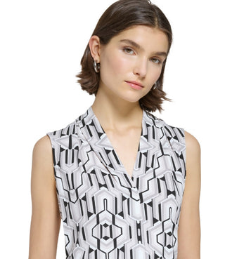 Calvin Klein Women's Printed Sleeveless V Neck Top Gray Size Medium