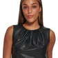 Clavin Klein Women's Faux Leather Pleat Neck Sleeveless Top Black Size Medium