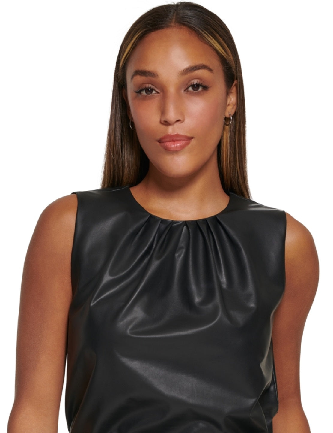 Clavin Klein Women's Faux Leather Pleat Neck Sleeveless Top Black Size Medium