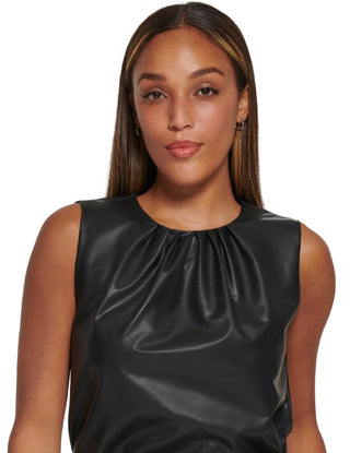 Clavin Klein Women's Faux Leather Pleat Neck Sleeveless Top Black Size Medium