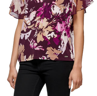 Calvin Klein Women's Printed Chiffon Flutter Sleeve Top Purple Size Large