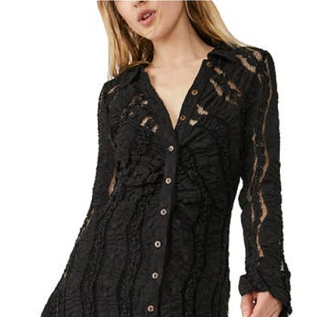 Free People Women's Shayla Long Sleeve Lace Mini Shirtdress Black Size Medium