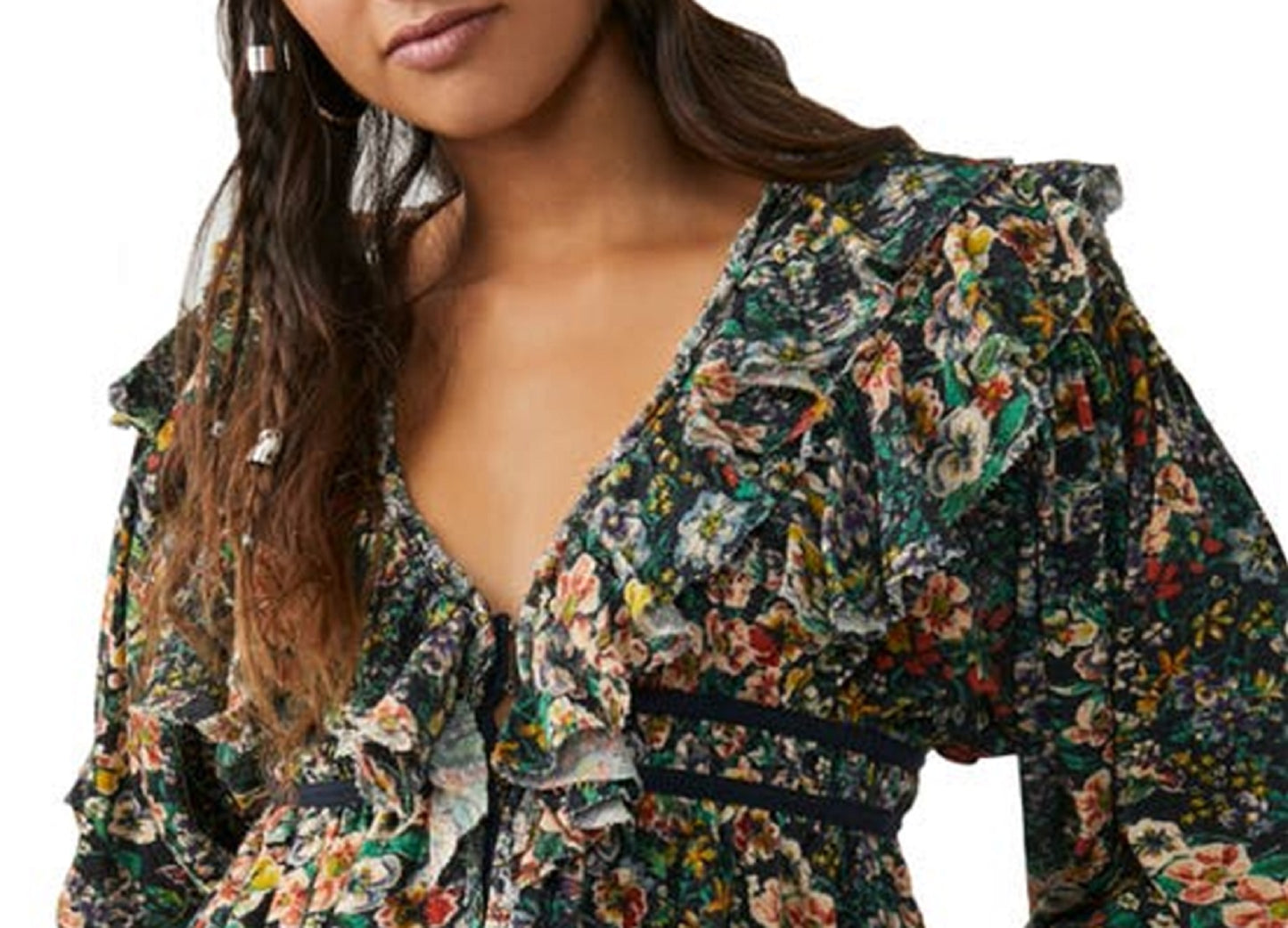 Free People Women's Rudi Printed Ruffle Crop Blouse Black Size Large