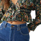 Free People Women's Rudi Printed Ruffle Crop Blouse Black Size Large