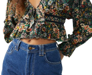 Free People Women's Rudi Printed Ruffle Crop Blouse Black Size Large